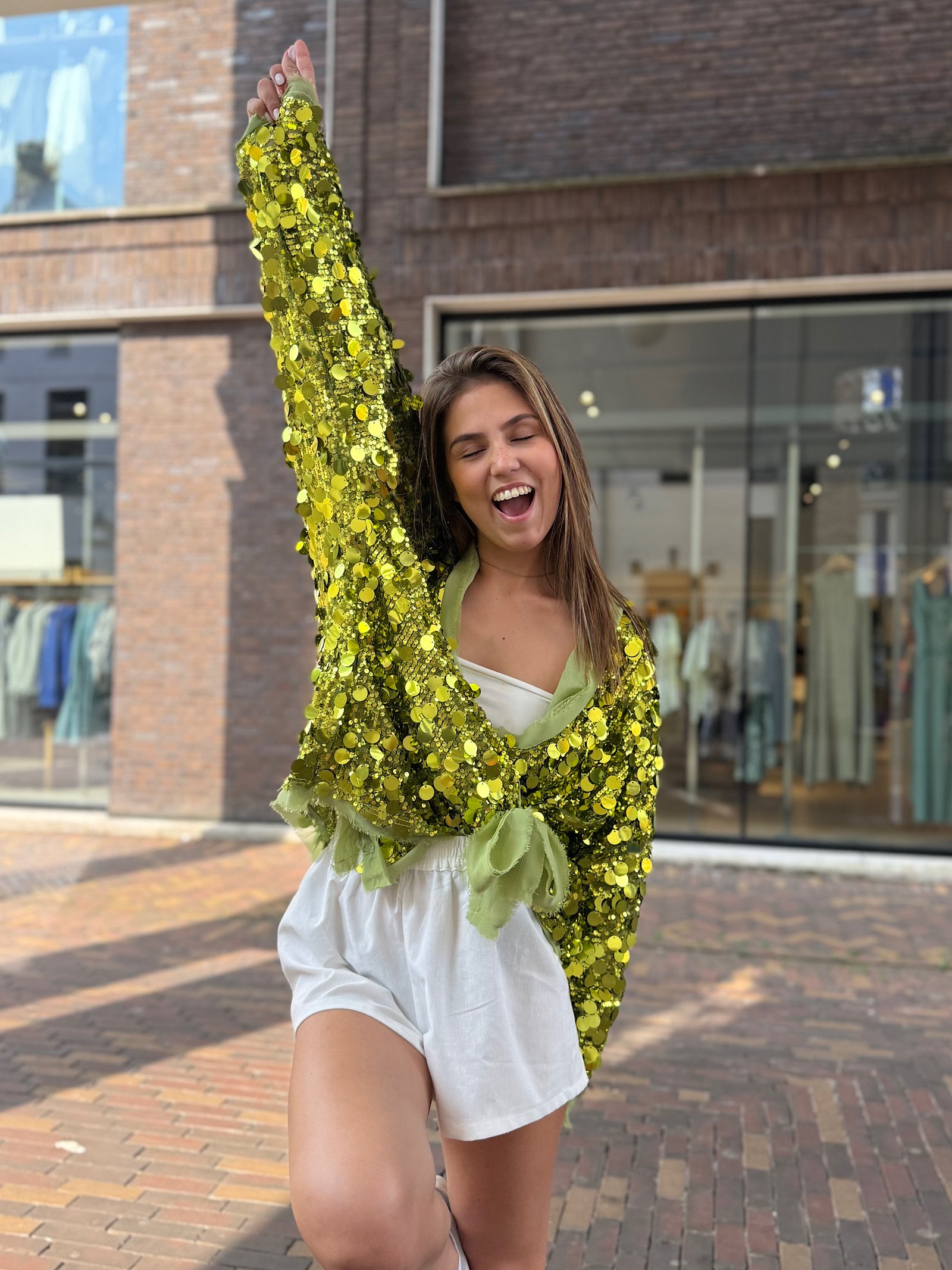 Groene pailletten overslag blouse