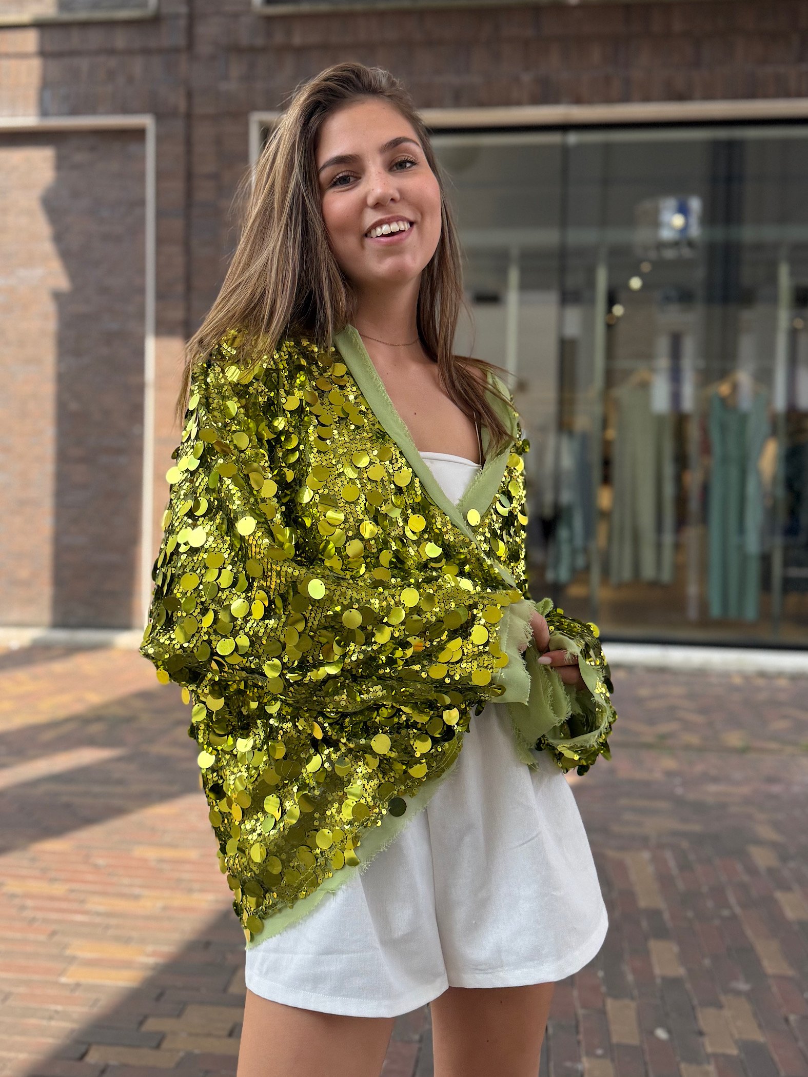 Groene pailletten overslag blouse