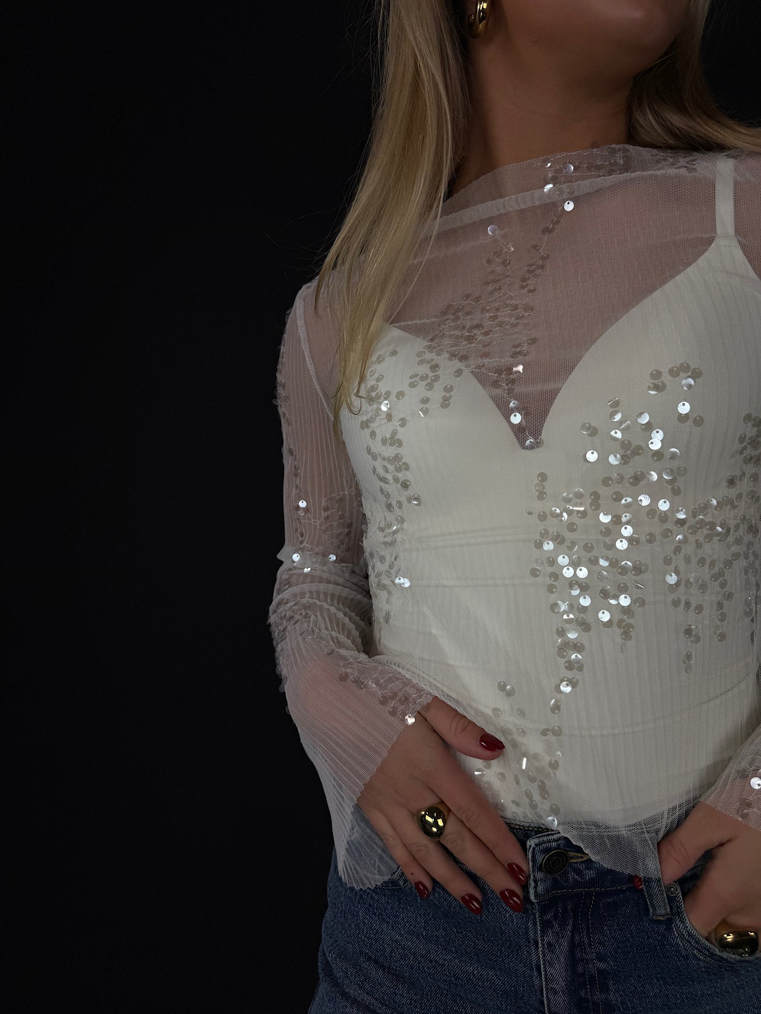 Mesh top met pailletten - wit