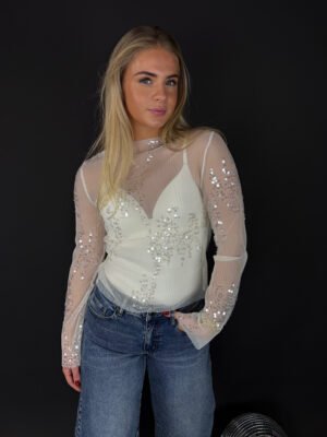 Mesh top met pailletten - wit