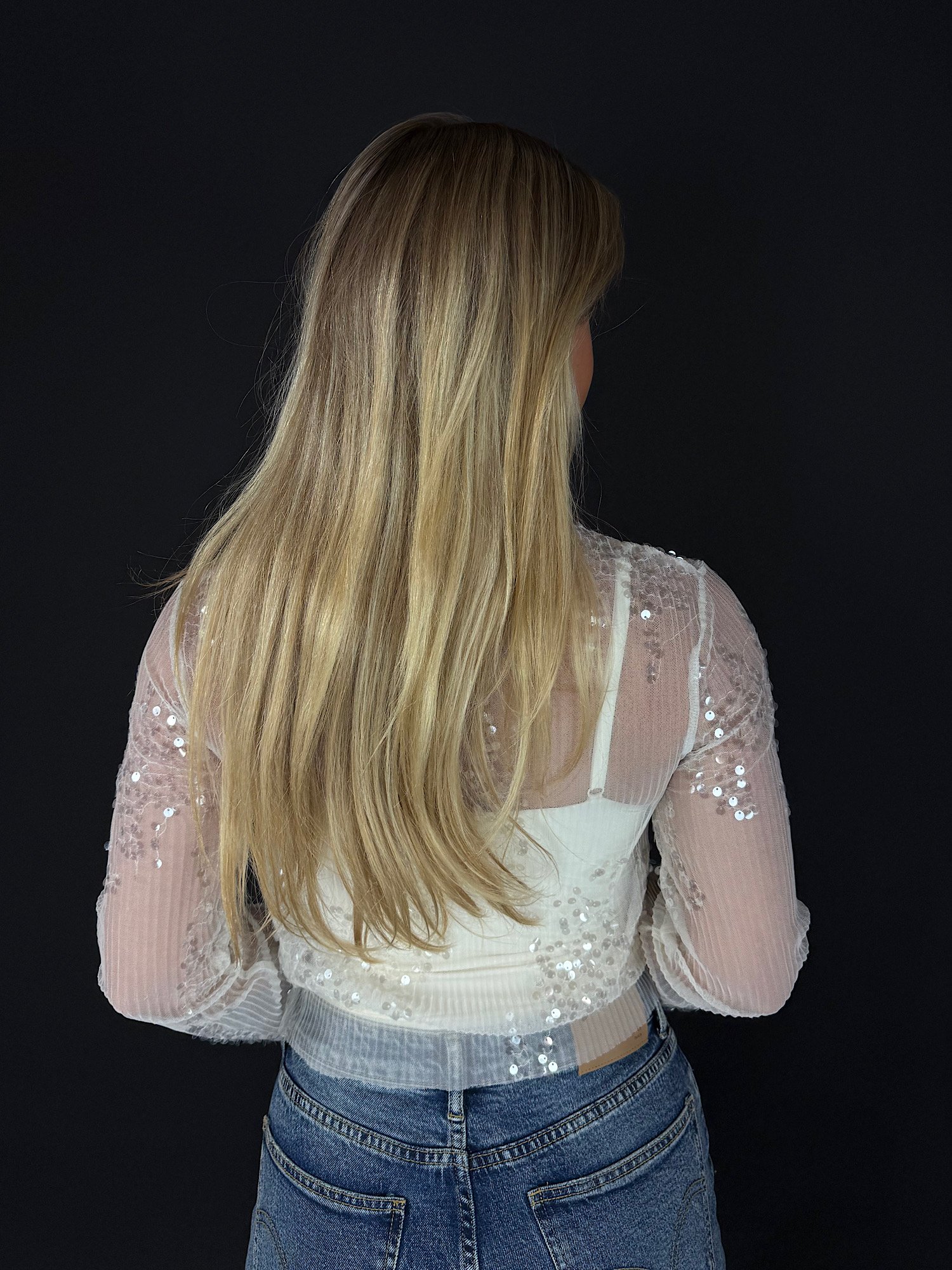 Mesh top met pailletten - wit