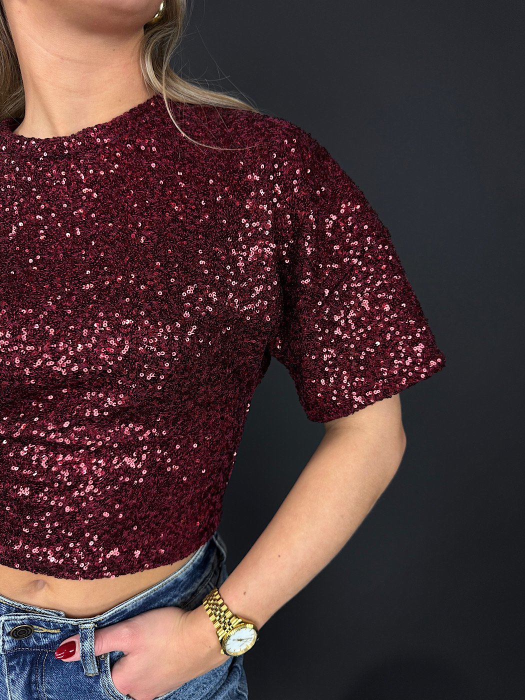 Pailletten tee - bordeaux