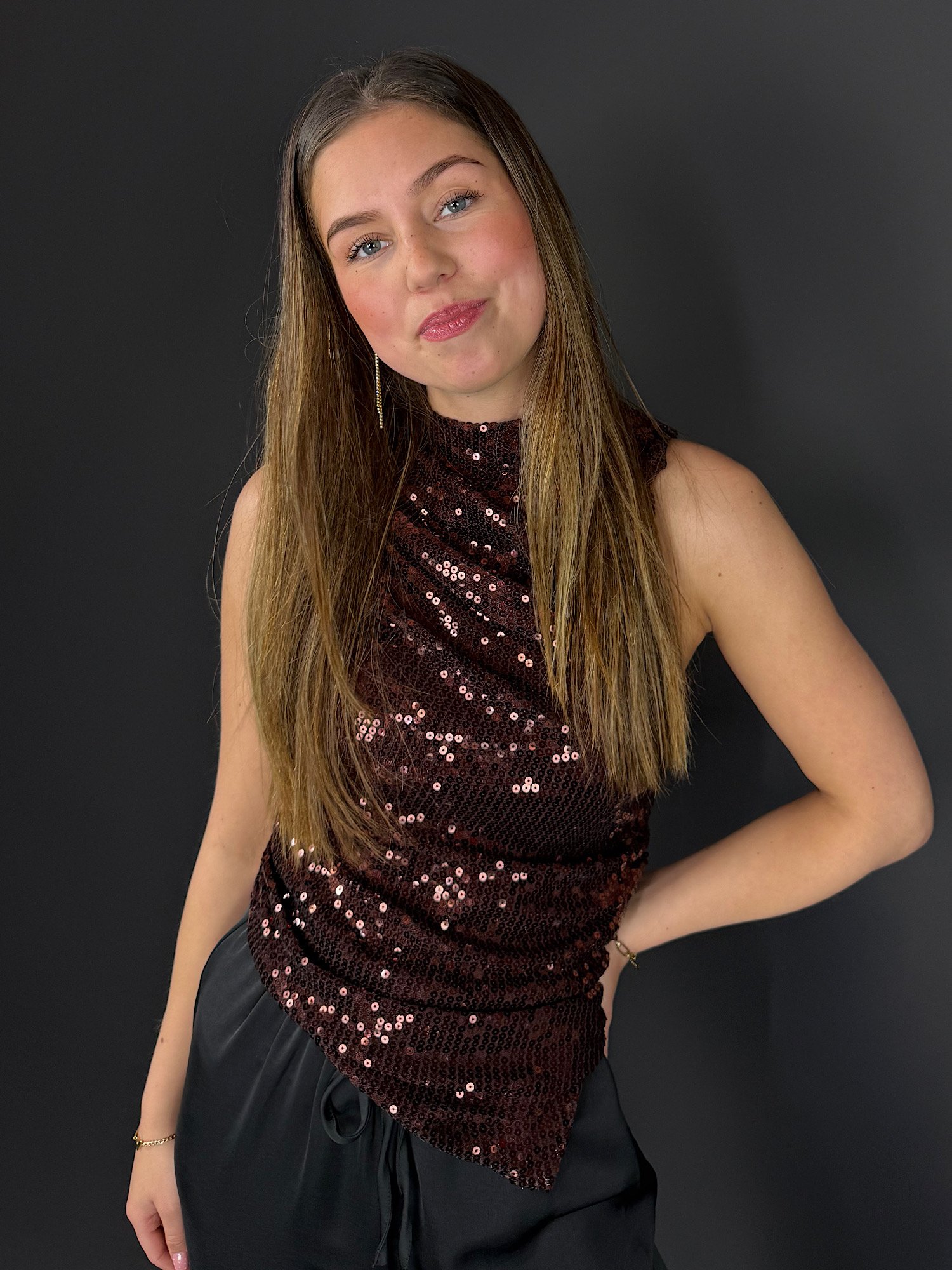 Pailletten top Amina - bruin