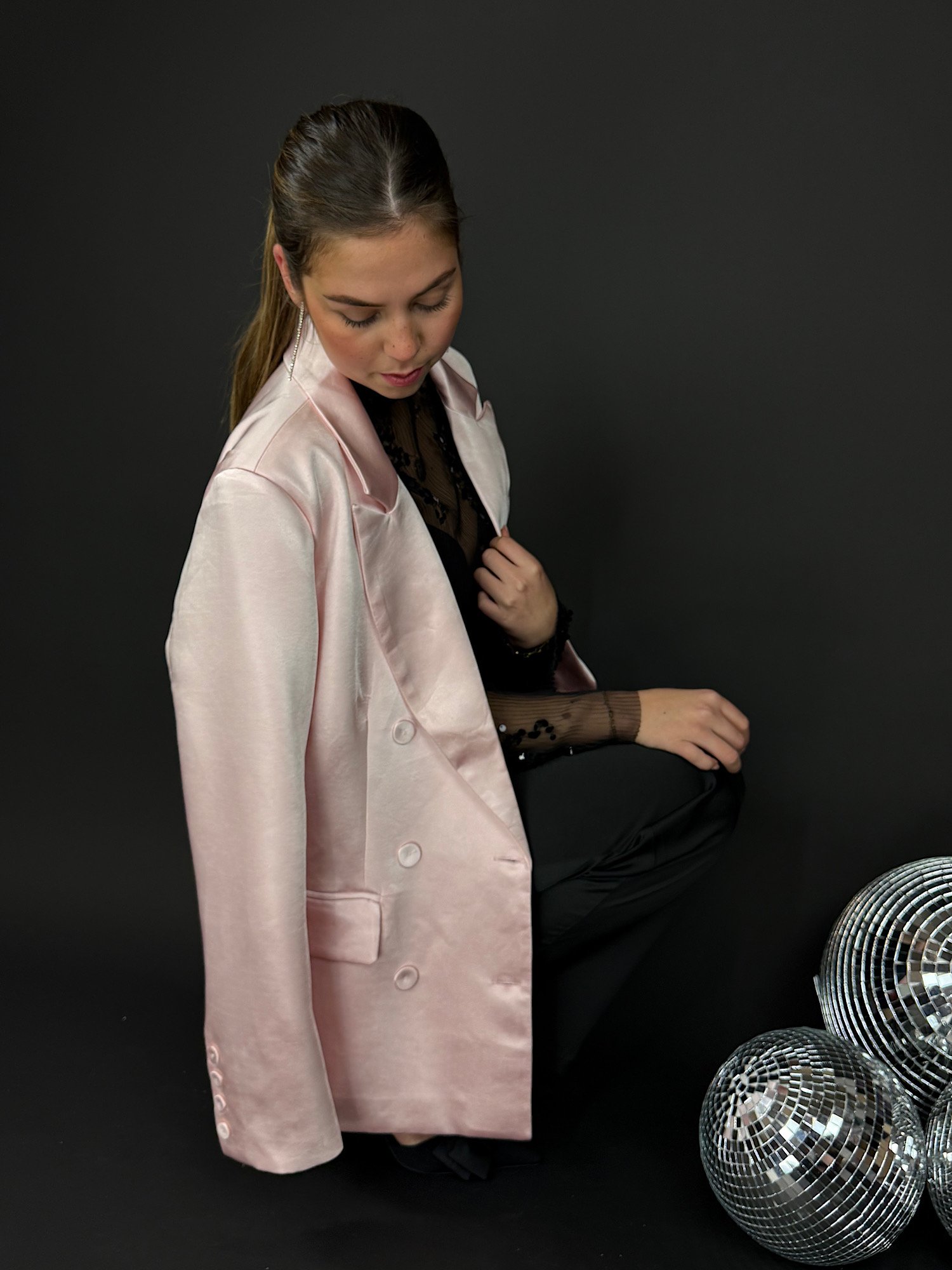 Satijnen oversized blazer - Lichtroze