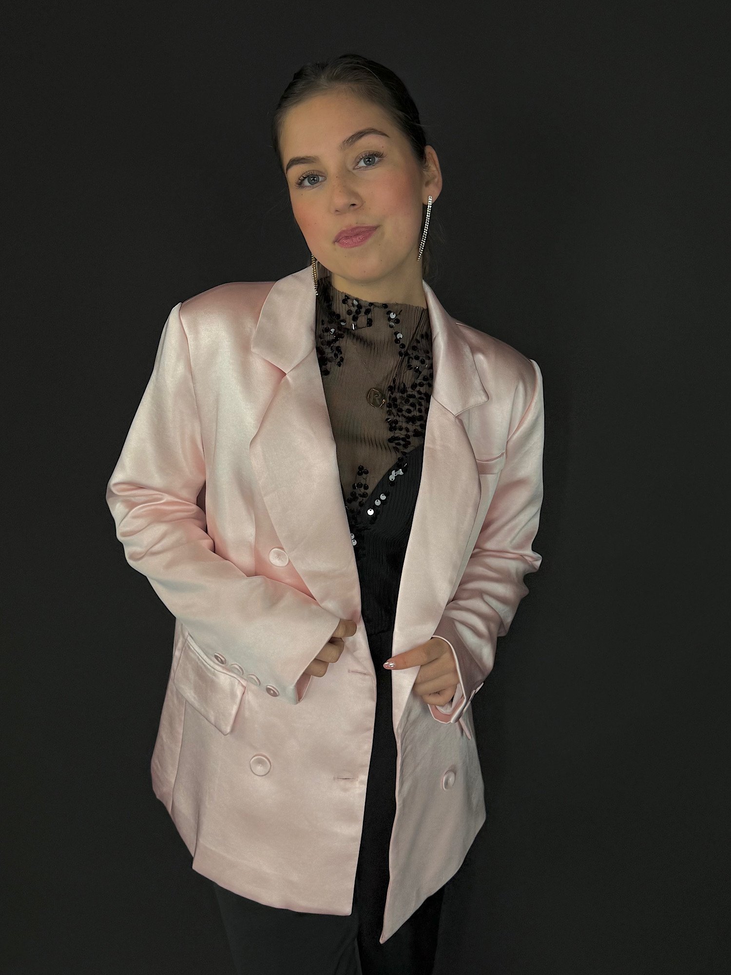 Satijnen oversized blazer - Lichtroze