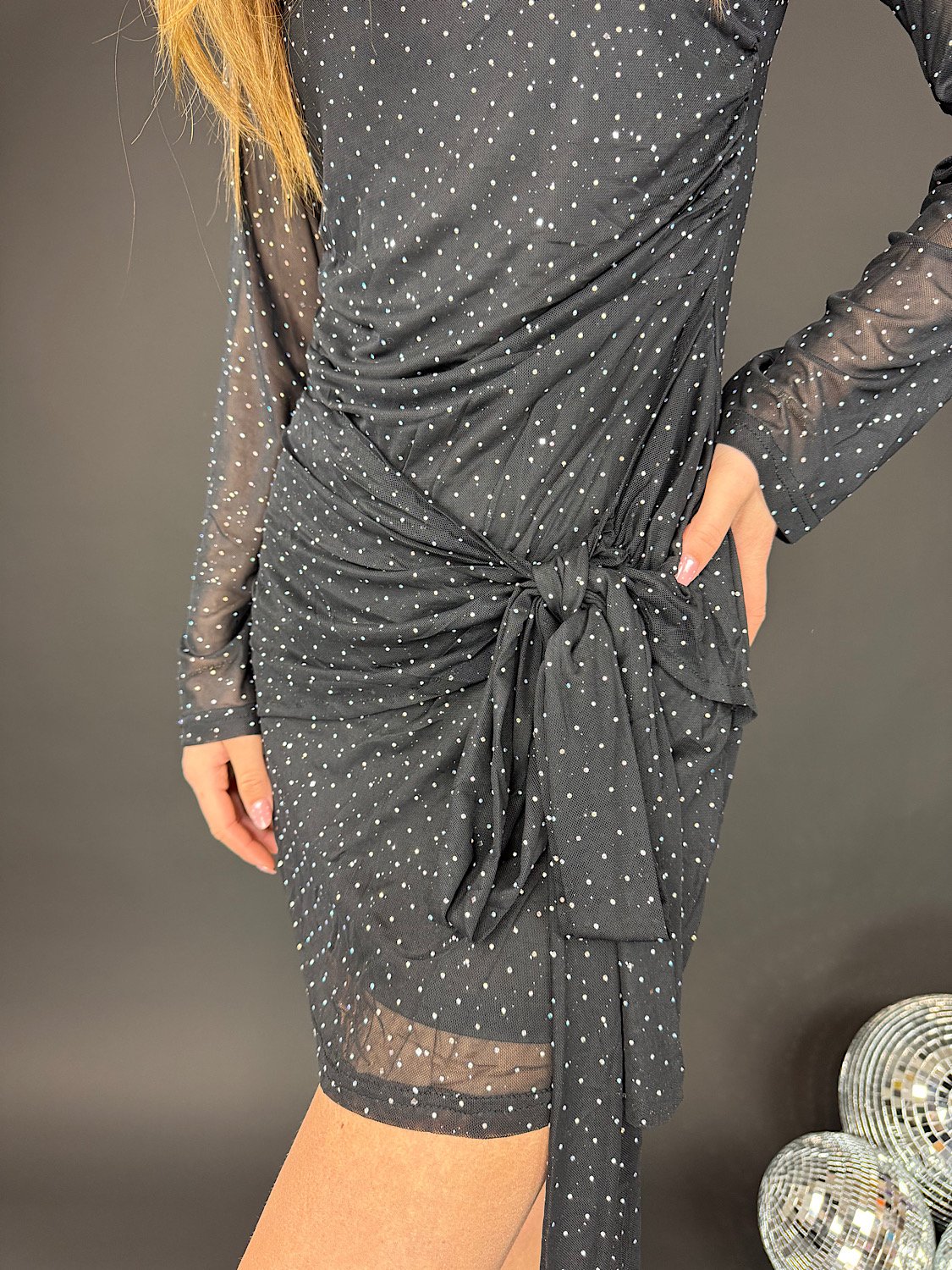 Strass mini jurkje met strik - zwart