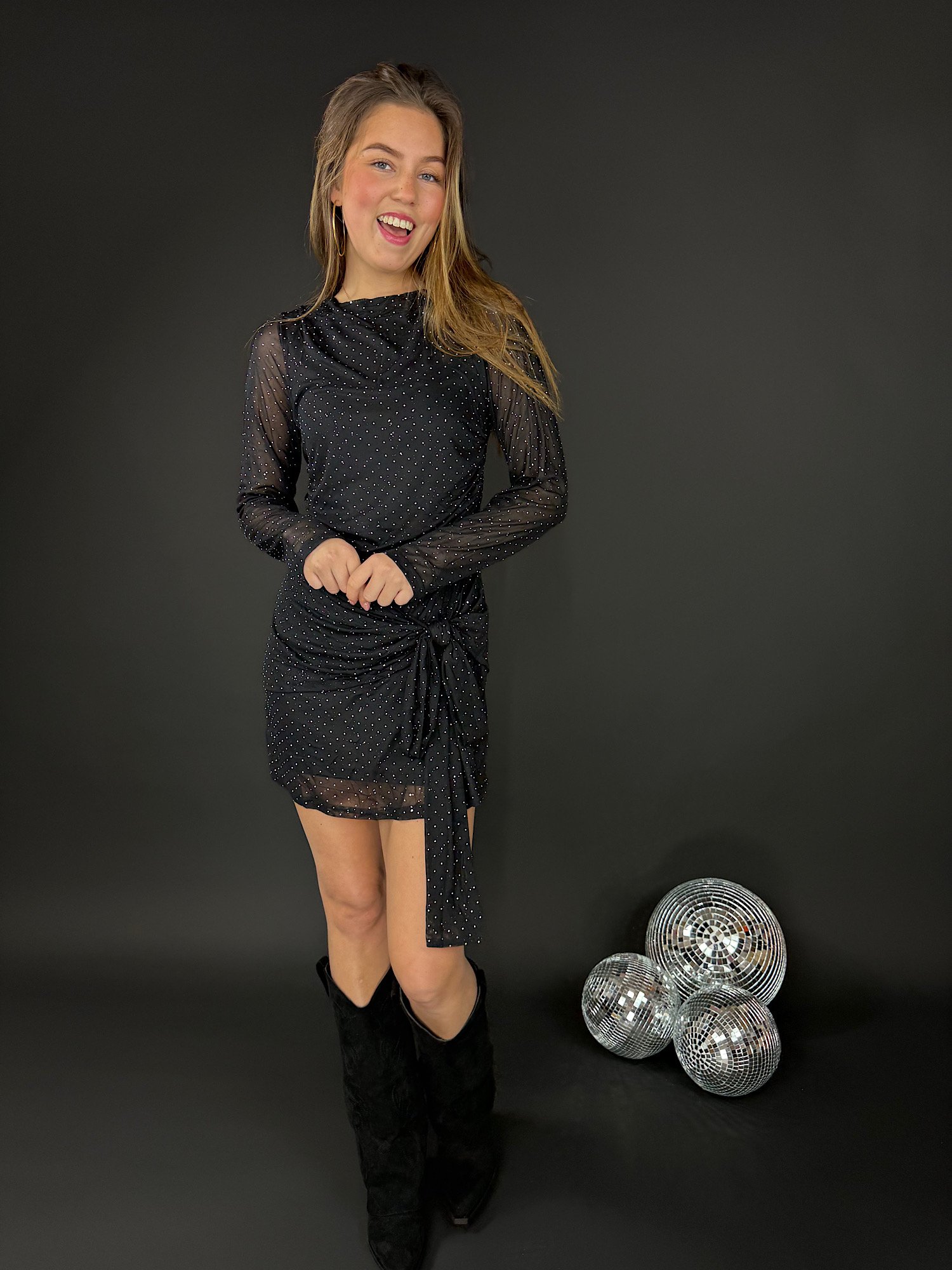 Strass mini jurkje met strik - zwart