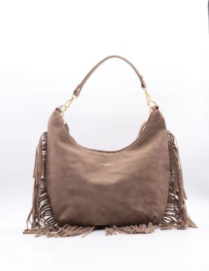 Taupe tas met fringe en gouden details 7531