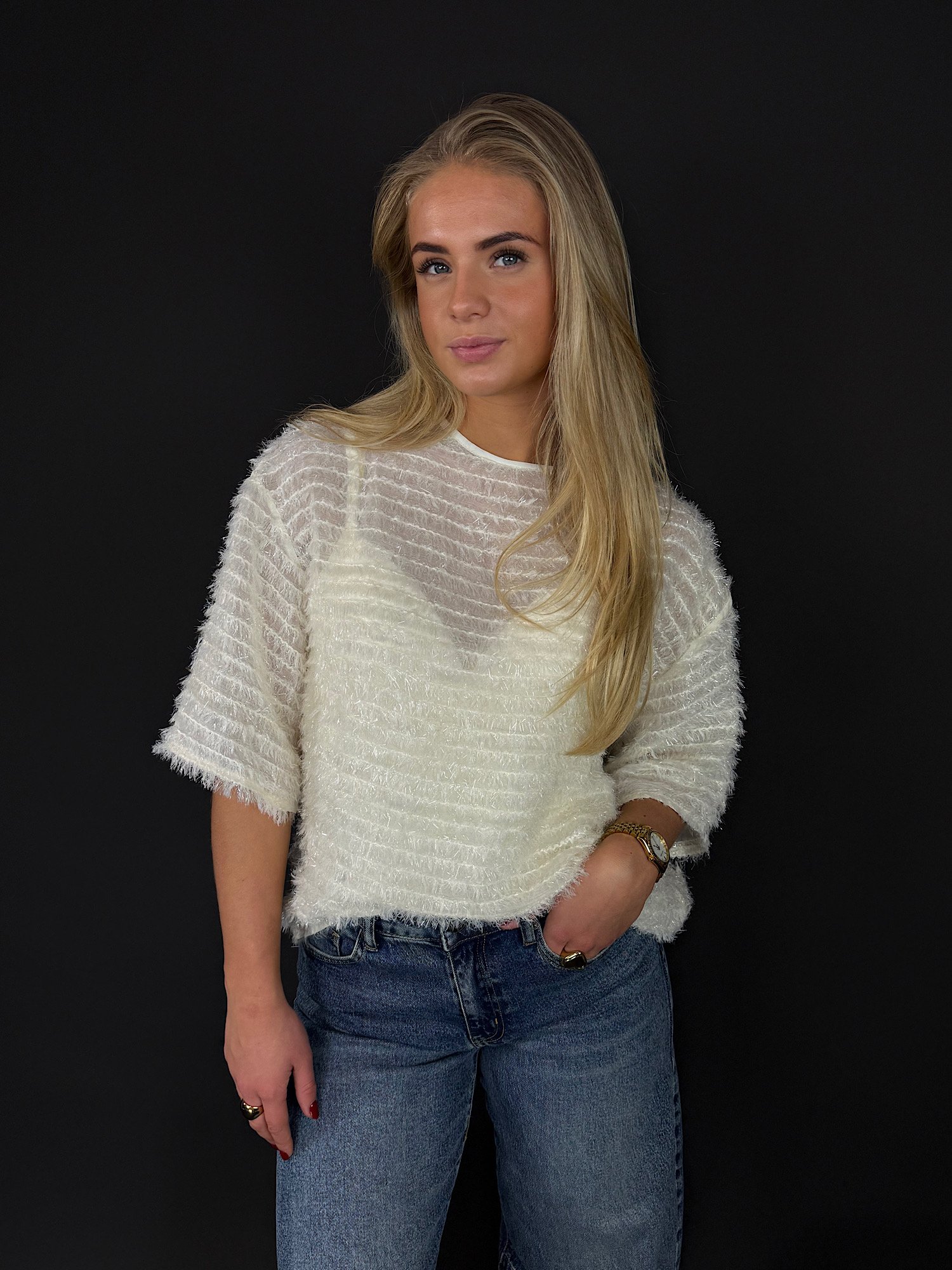 Top met fluffy strepen Lindy - ecru