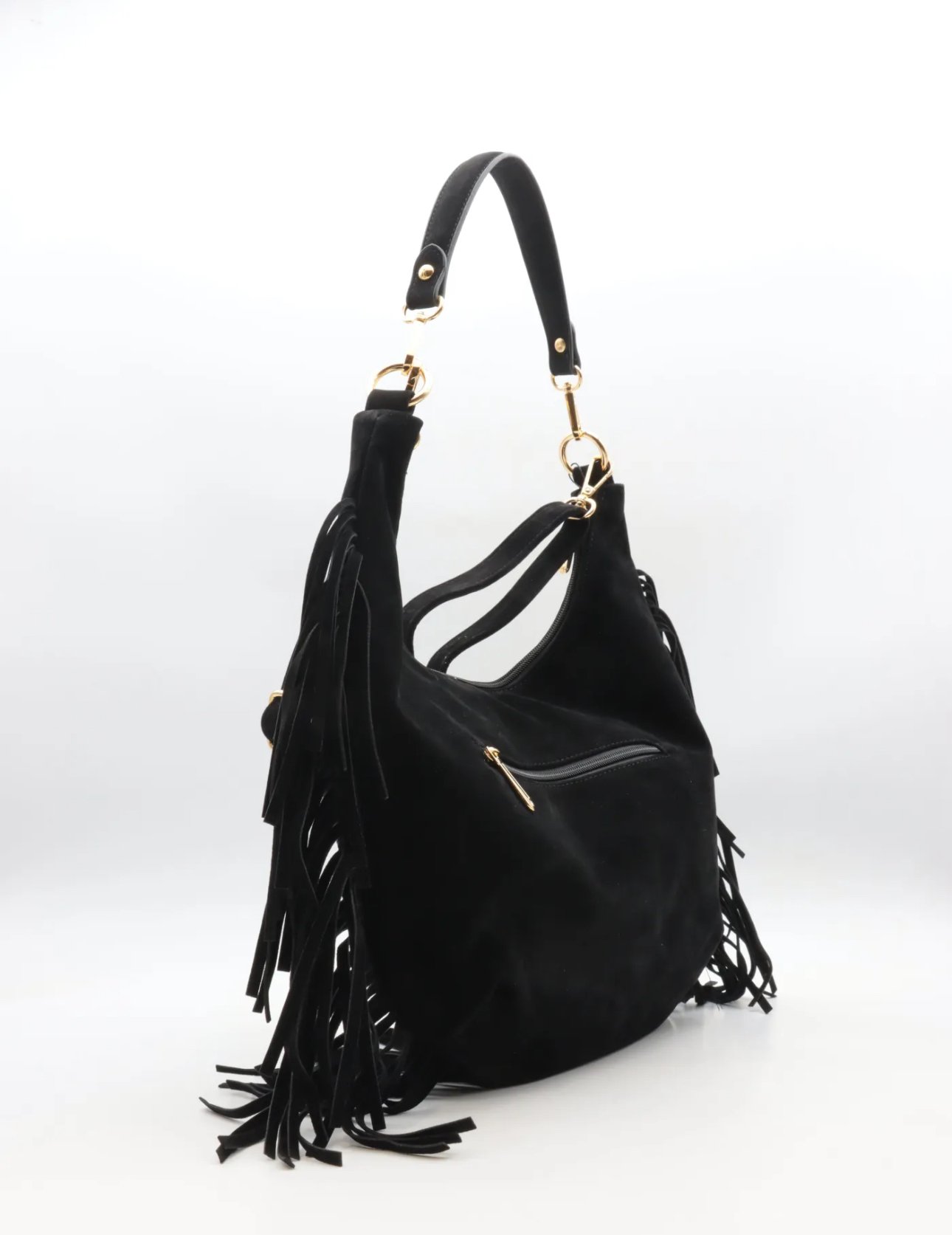 Zwarte tas met fringe en gouden details 7531