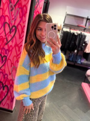 Gestreepte gebreide trui Sher - blauw/ geel