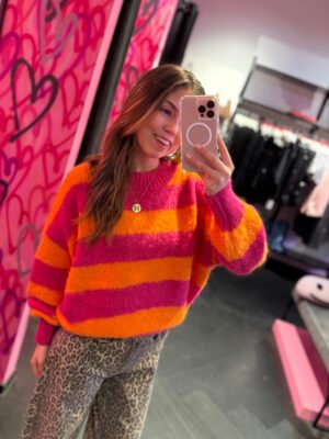 Gestreepte gebreide trui Sher - fuchsia/ oranje