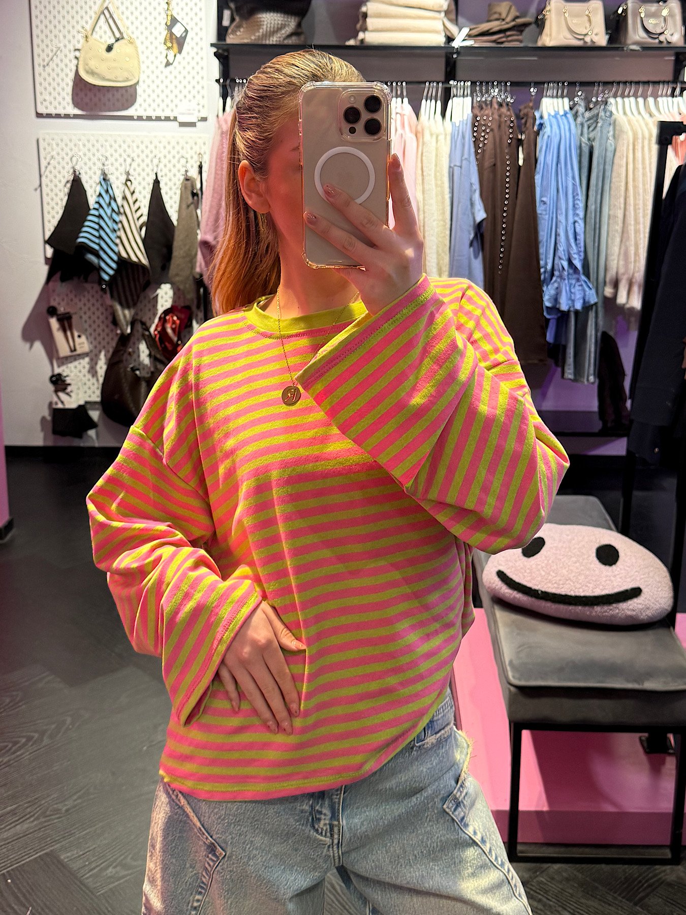 ZM - gestreepte longsleeve - lime/ roze